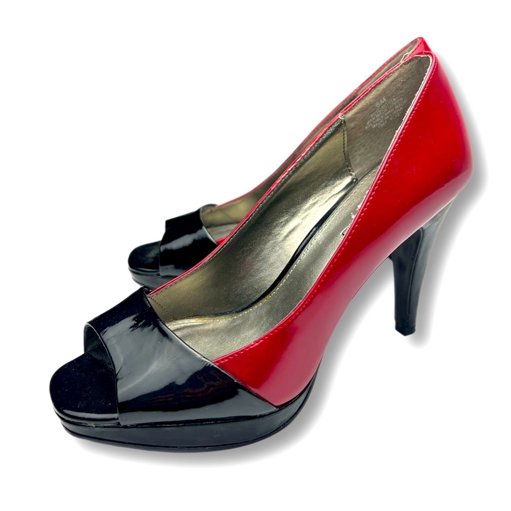 Bandolino Red and Black Patent Peep-Toe Heels